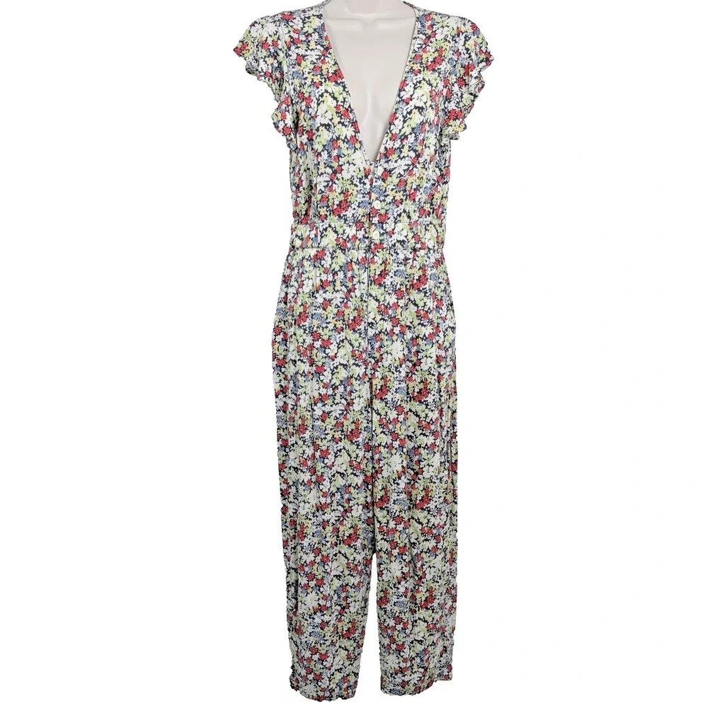 Free People Jumpsuit Floral Flower Ruffle‎ Vneck Sz S Pant Short Sleeve Boho